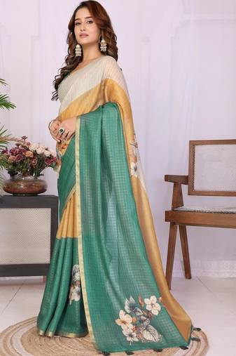 Green linen solid saree with blouse
