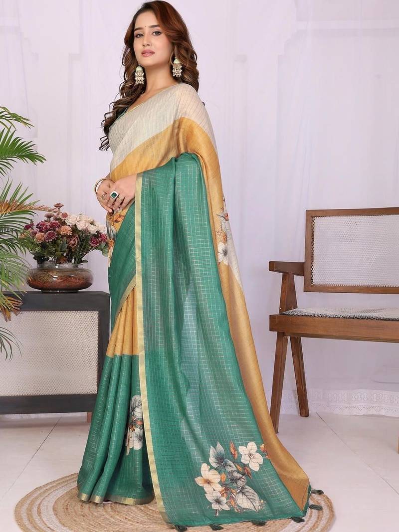 Green linen solid saree with blouse