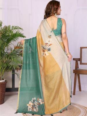 Green linen solid saree with blouse 2