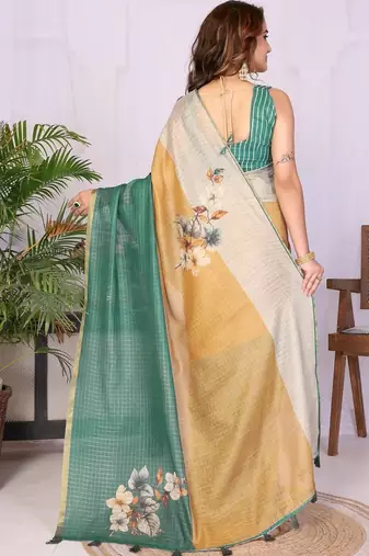 Green linen solid saree with blouse