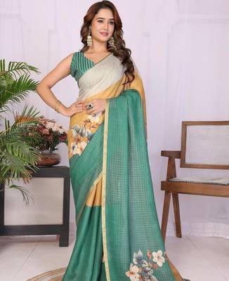 Green linen solid saree with blouse 4