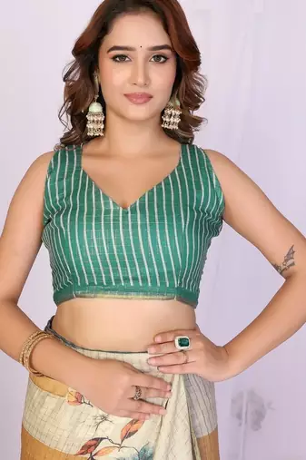 Green linen solid saree with blouse