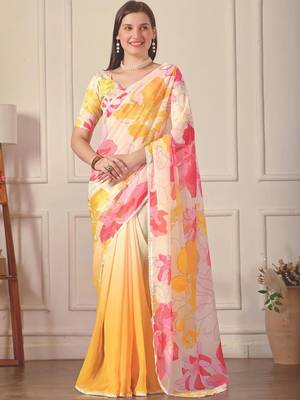 White pure georgette printed saree with blouse 1