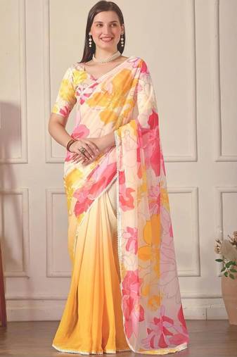 White pure georgette printed saree with blouse