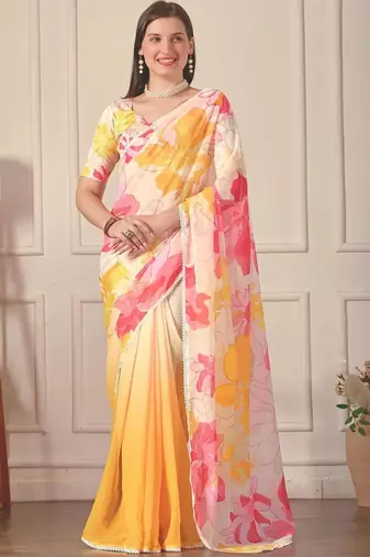 White pure georgette printed saree with blouse