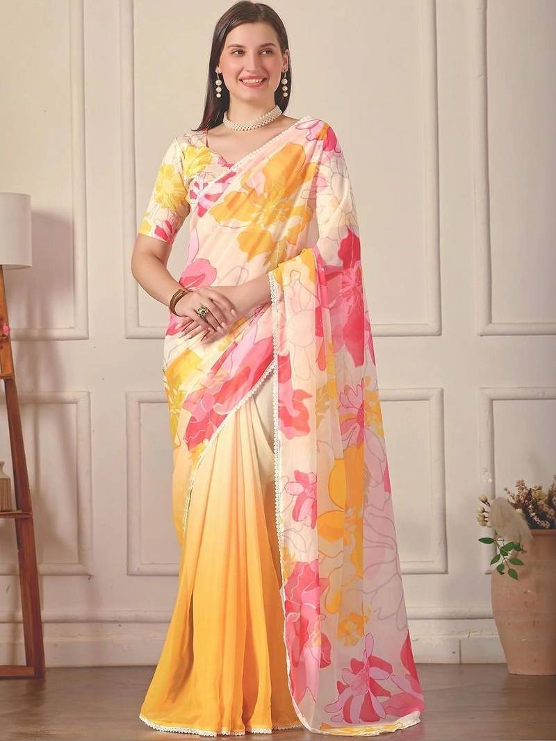 White pure georgette printed saree with blouse