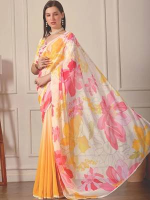 White pure georgette printed saree with blouse 2