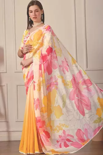 White pure georgette printed saree with blouse
