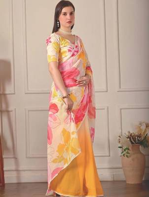 White pure georgette printed saree with blouse 3