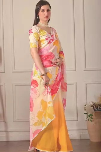 White pure georgette printed saree with blouse