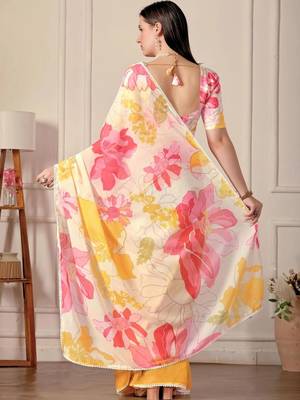 White pure georgette printed saree with blouse 4