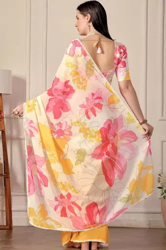 White pure georgette printed saree with blouse