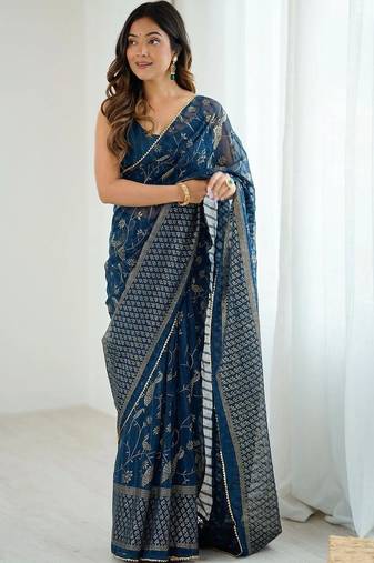 Navy blue pure georgette printed saree with blouse