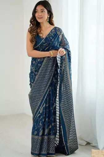 Navy blue pure georgette printed saree with blouse