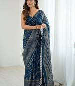 Navy blue pure georgette printed saree with blouse