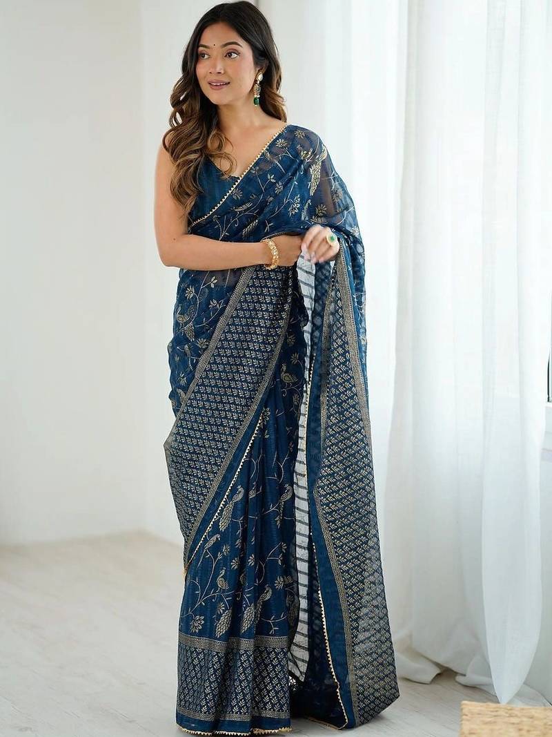 Navy blue pure georgette printed saree with blouse