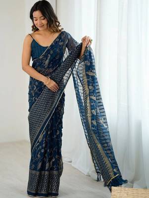 Navy blue pure georgette printed saree with blouse 2