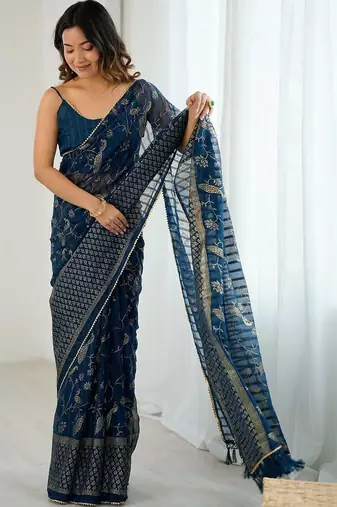 Navy blue pure georgette printed saree with blouse