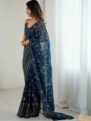 Navy blue pure georgette printed saree with blouse 3