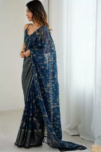 Navy blue pure georgette printed saree with blouse