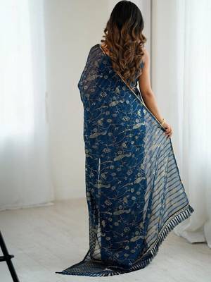 Navy blue pure georgette printed saree with blouse 4