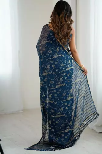 Navy blue pure georgette printed saree with blouse