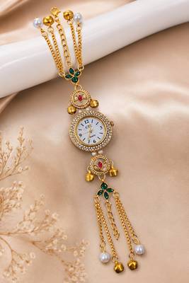 green  color women gold-toned kashmiri pearl & stone-studded ethnic wrist watch 1