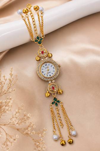 green  color women gold-toned kashmiri pearl & stone-studded ethnic wrist watch