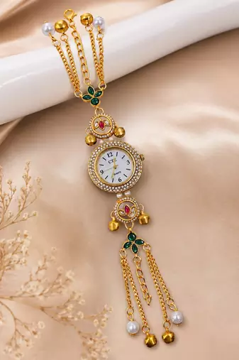 green  color women gold-toned kashmiri pearl & stone-studded ethnic wrist watch