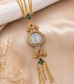 green  color women gold-toned kashmiri pearl & stone-studded ethnic wrist watch