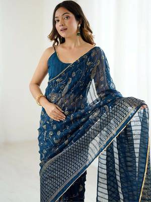 Navy blue pure georgette printed saree with blouse 5