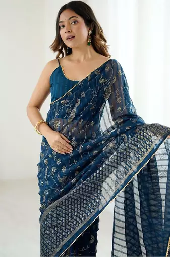 Navy blue pure georgette printed saree with blouse