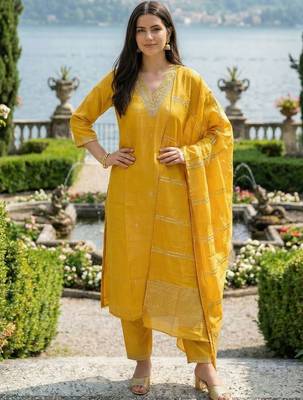 Yellow Embroidered Straight Kurta Trousers Dupatta Set 1