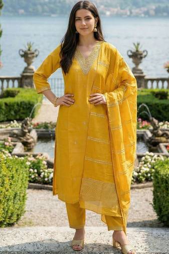 Yellow Embroidered Straight Kurta Trousers Dupatta Set