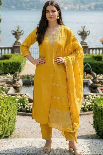 Yellow Embroidered Straight Kurta Trousers Dupatta Set