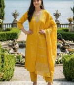 Yellow Embroidered Straight Kurta Trousers Dupatta Set