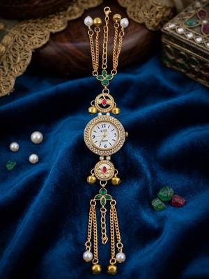 green  color women gold-toned kashmiri pearl & stone-studded ethnic wrist watch 2