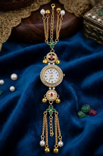 green  color women gold-toned kashmiri pearl & stone-studded ethnic wrist watch