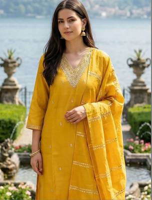Yellow Embroidered Straight Kurta Trousers Dupatta Set 2