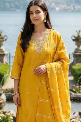 Yellow Embroidered Straight Kurta Trousers Dupatta Set