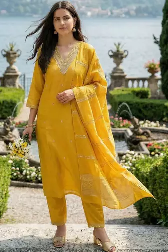 Yellow Embroidered Straight Kurta Trousers Dupatta Set