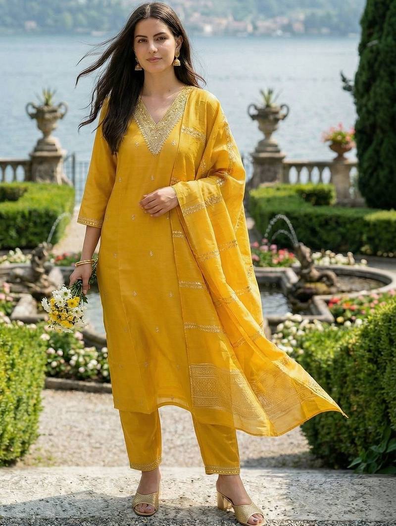 Yellow Embroidered Straight Kurta Trousers Dupatta Set