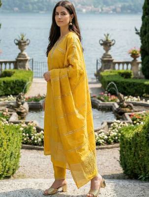 Yellow Embroidered Straight Kurta Trousers Dupatta Set 4