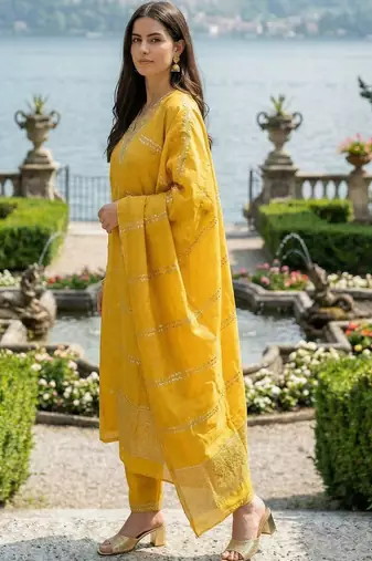 Yellow Embroidered Straight Kurta Trousers Dupatta Set