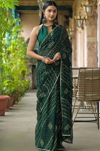 Green pure georgette printed saree with blouse