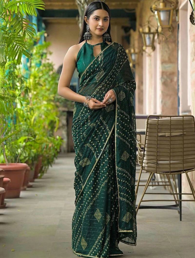 Green pure georgette printed saree with blouse