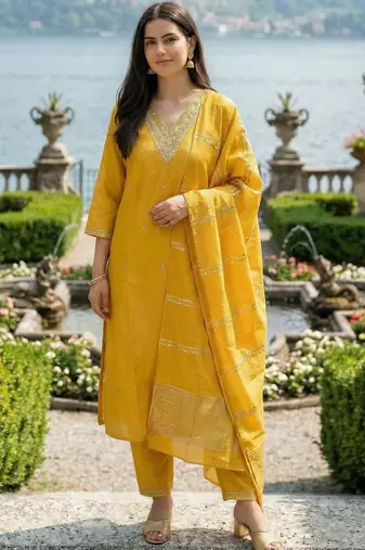 Yellow Embroidered Straight Kurta Trousers Dupatta Set