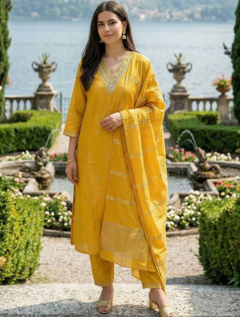 Yellow Embroidered Straight Kurta Trousers Dupatta Set