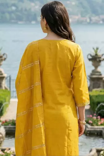 Yellow Embroidered Straight Kurta Trousers Dupatta Set