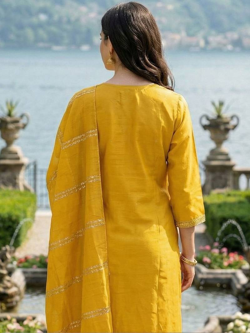 Yellow Embroidered Straight Kurta Trousers Dupatta Set